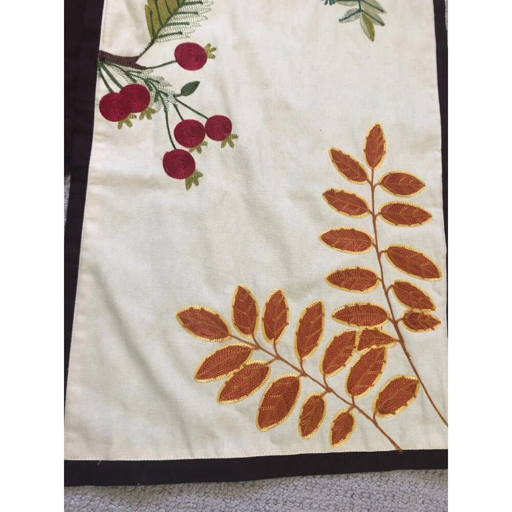 Williams Sonoma Table Runner Embroidered Floral Cotton Beige Brown India 16x90